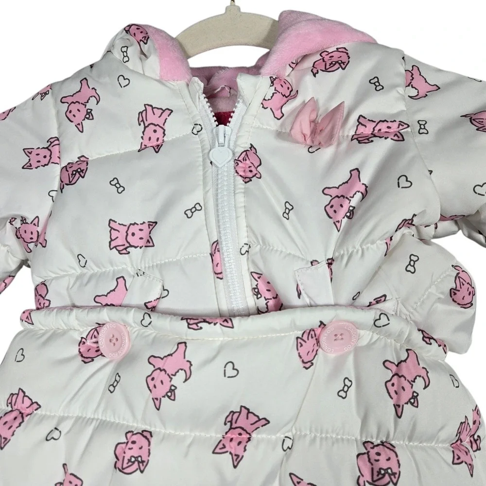 London Fog Puffer Bunting Bag Baby Girls 0-6M White Pink Dog Print Fleece Pram
